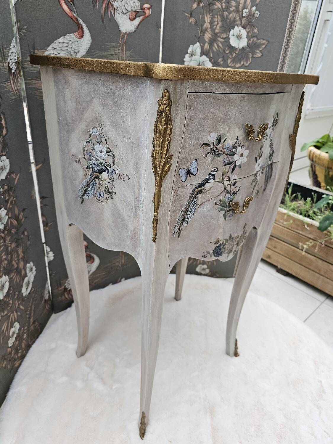 Louis XV style bedside table in marquetry
