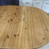 Round table 117cm extendable with a solid pine extension, vintage from the 1970s.