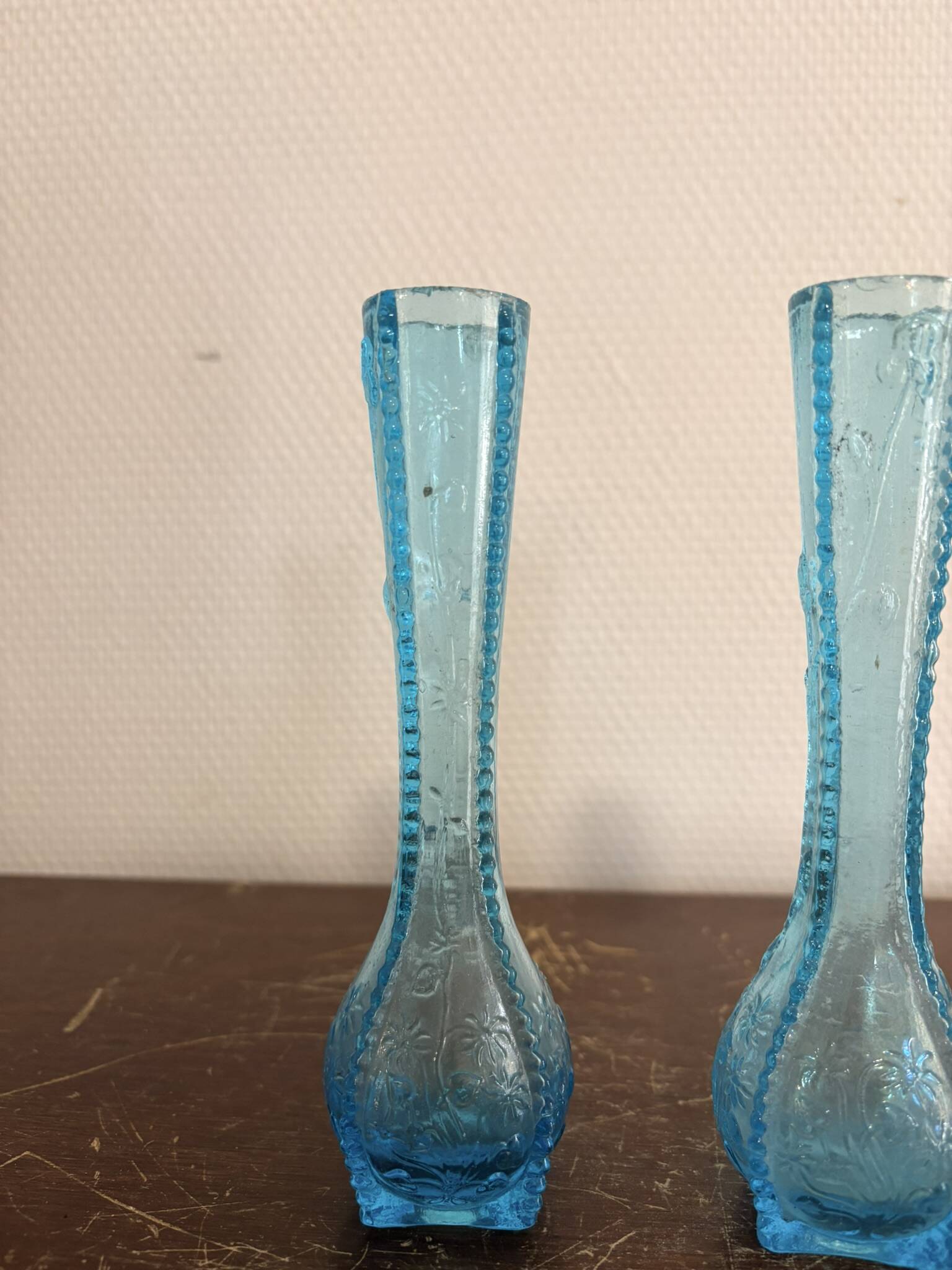 Antique Pair of Soliflore Vases, Pressed Moulded Glass, Blue Opaline Sapphire, 19th Century