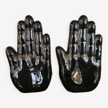 Vintage black ceramic hands bookend
