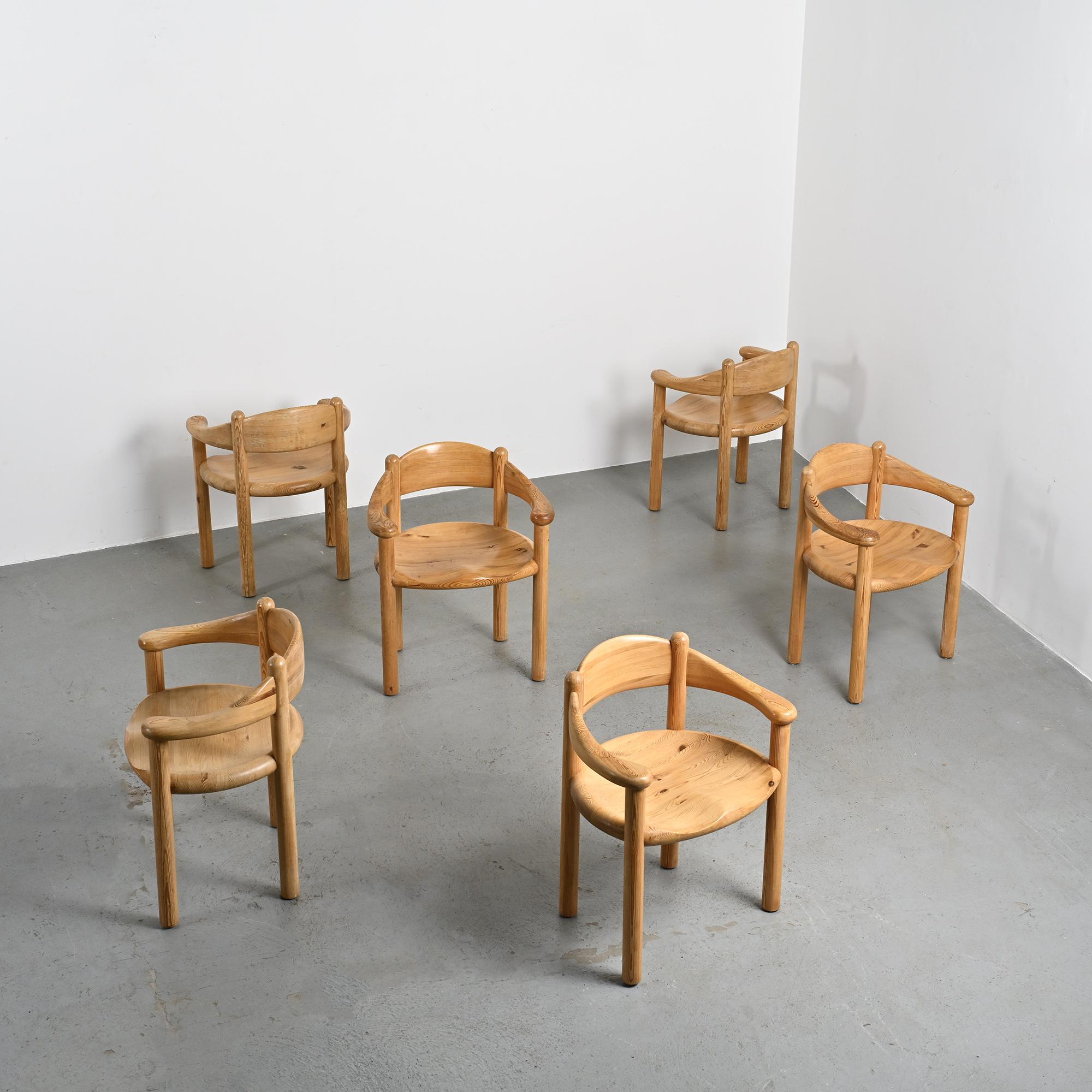 Set of 6 solid pine chairs by Rainer Daumiller, Denmark, circa 1970.