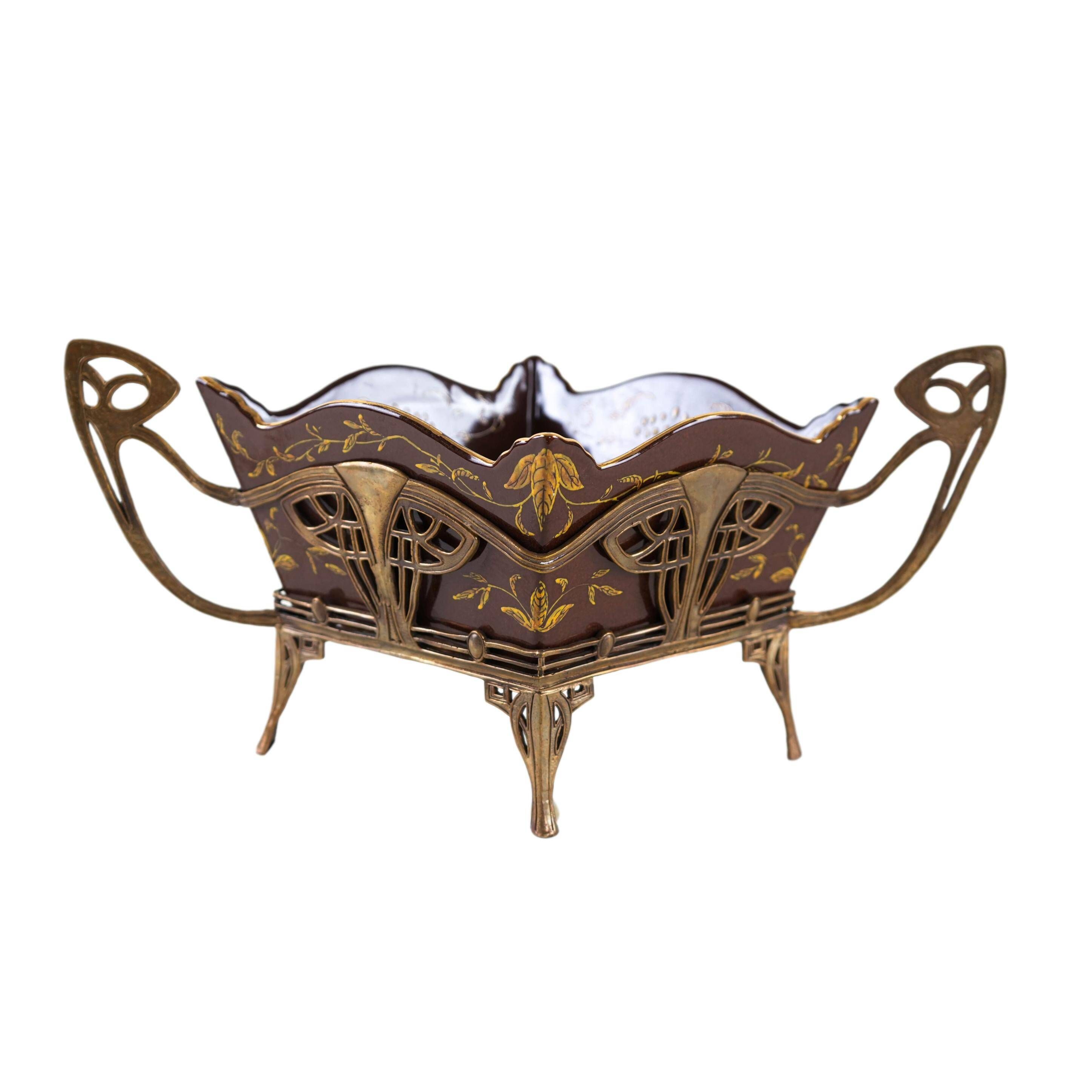 Art Nouveau platter with ceramic insert in openwork metal basket, burgundy glaze with gilt accents