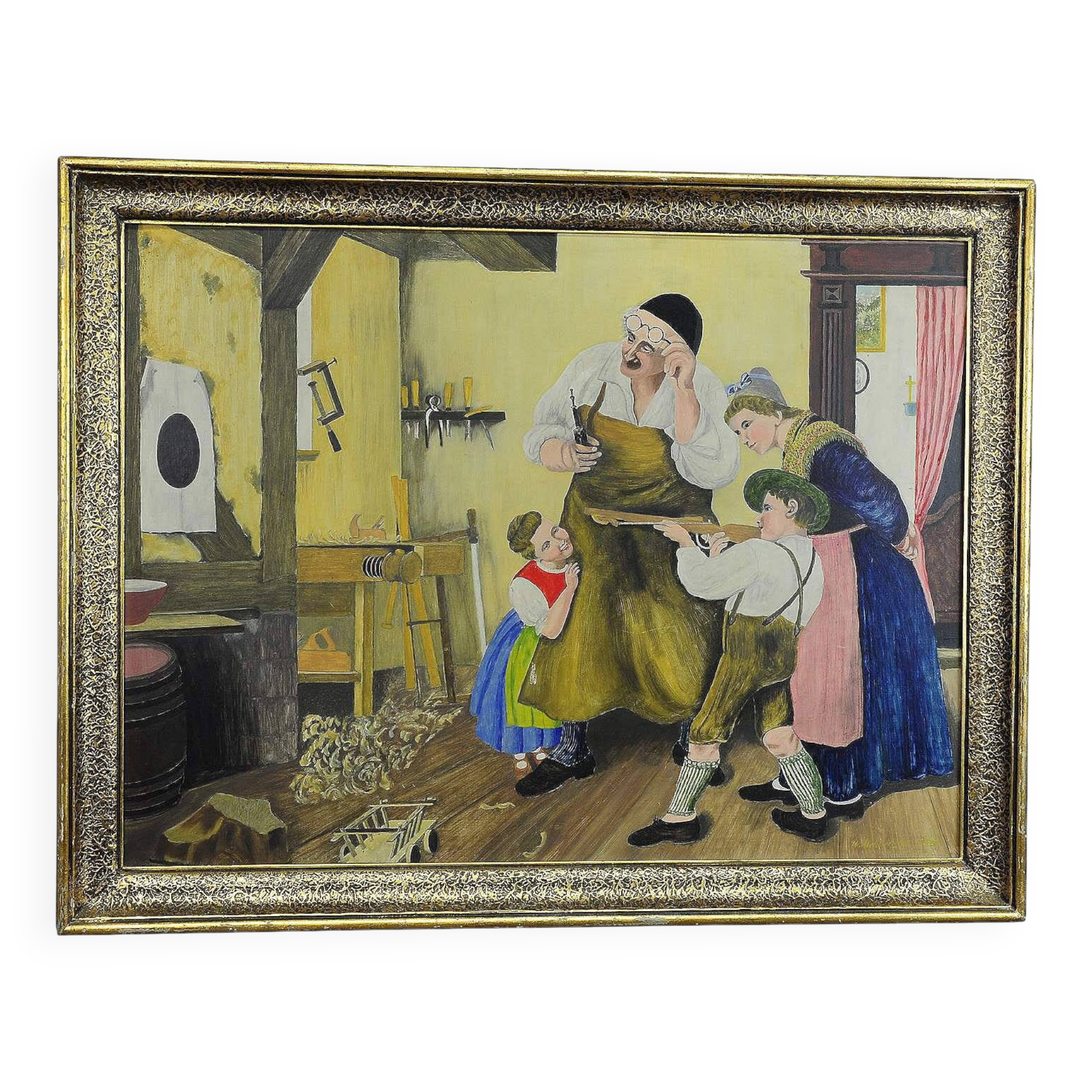 W. Melchinger - Scène folklorique bavaroise dans une menuiserie 1956