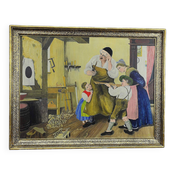 W. Melchinger - Scène folklorique bavaroise dans une menuiserie 1956
