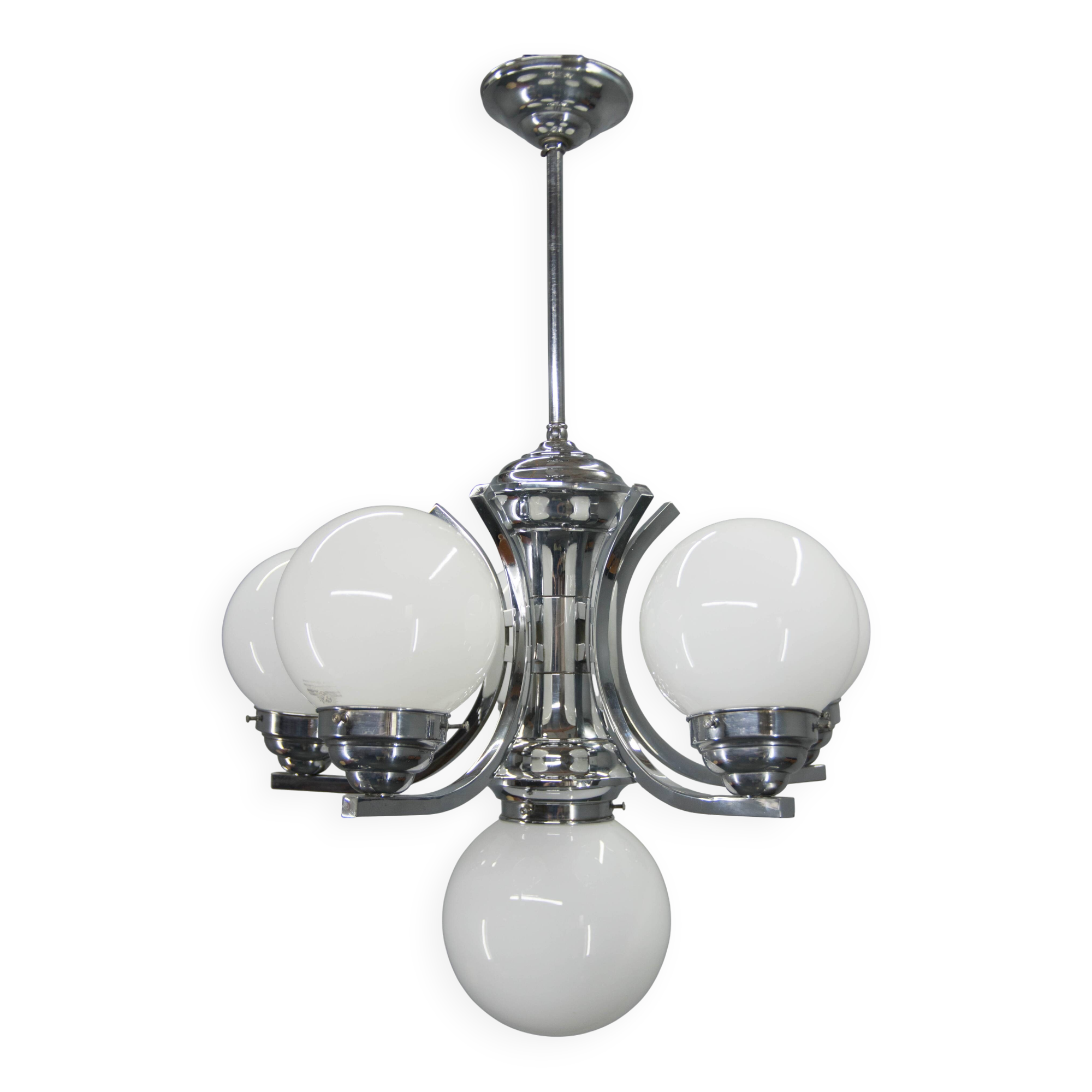 Big Art Deco 6-flamming Chrome and Glass Chandelier, 1930s