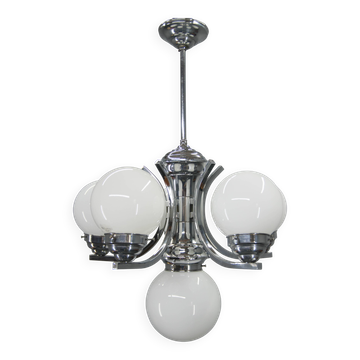 Grand lustre Art déco à 6 branches en chrome et verre, années 1930