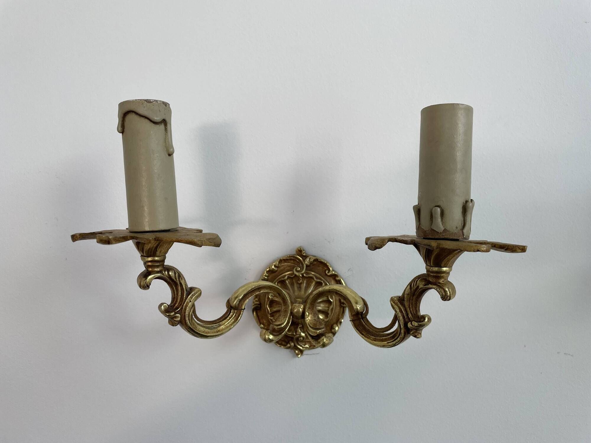 Pair of antique wall lamps in gilded metal - two lights - early XXth