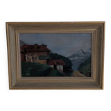 Old painting of a mountain chalet