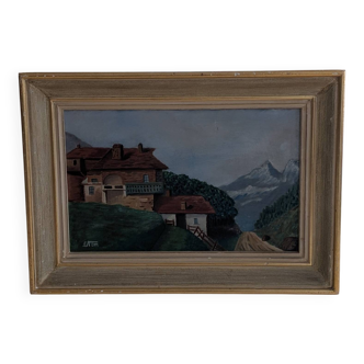 Tableau ancien d'un chalet à la montagne