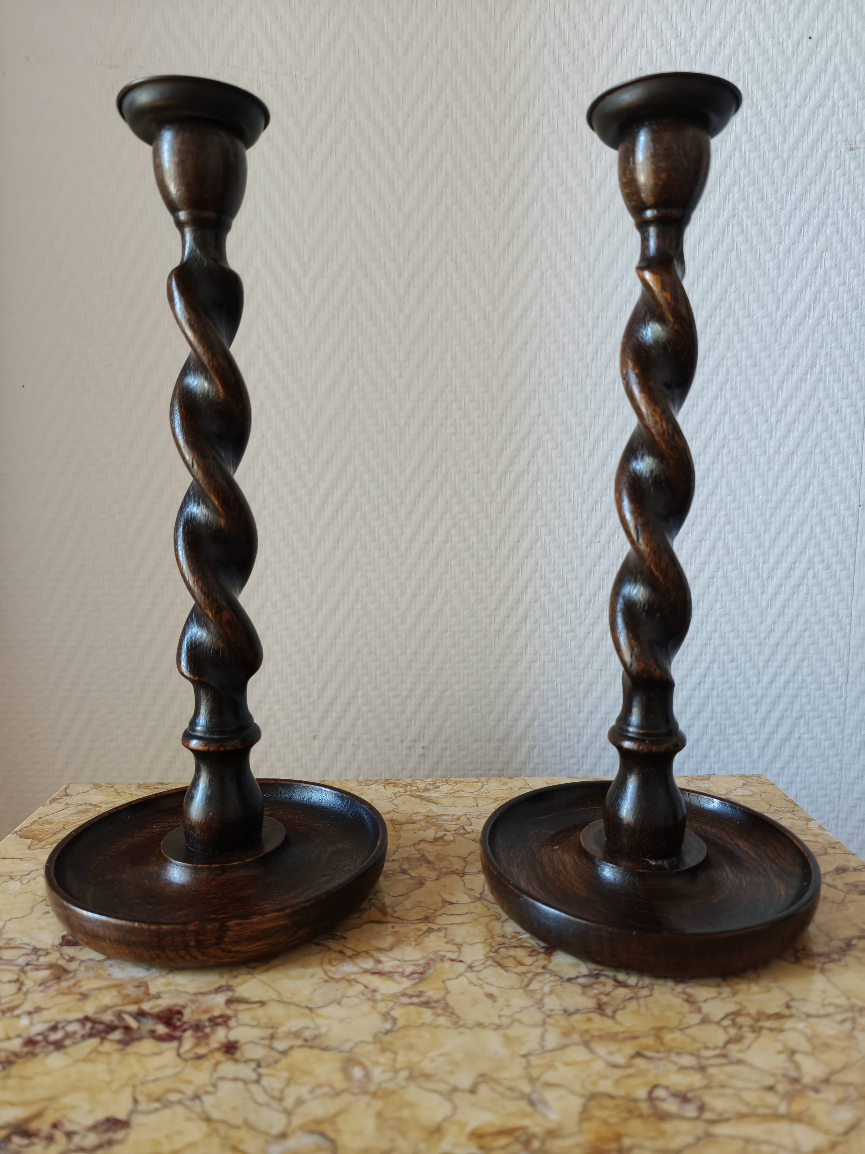 Pair of Barley Twist candlesticks in oak – English style, circa 1950