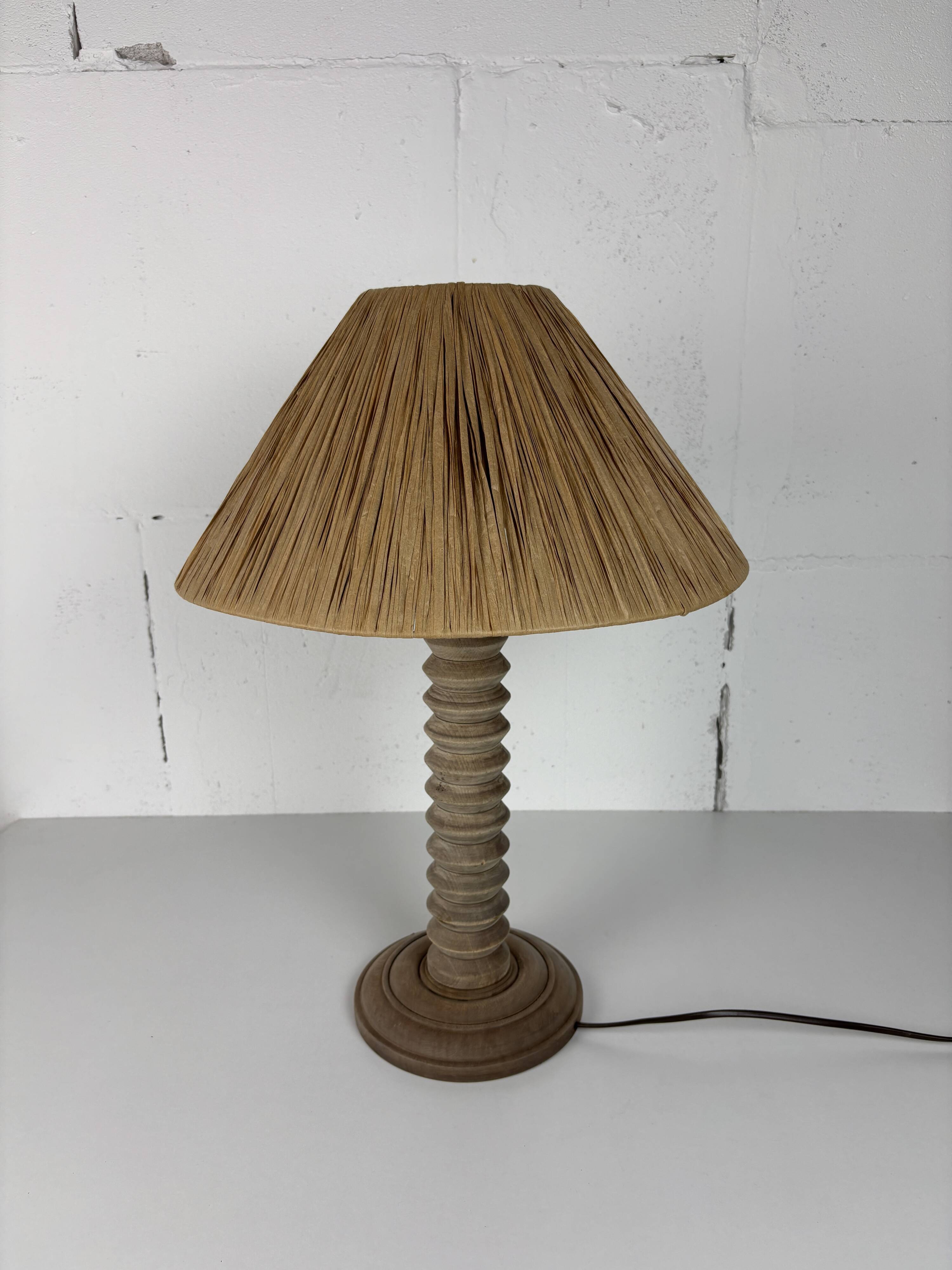 Wabi sabi brutalist wood turned table lamp in the style of Charles Dudouyt