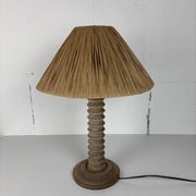 Wabi sabi brutalist wood turned table lamp in the style of Charles Dudouyt