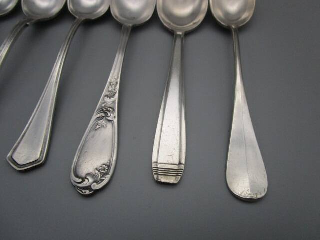 Set of 6 small mismatched old silver metal spoons for a chic table