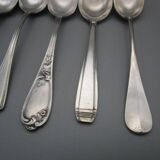 Set of 6 small mismatched old silver metal spoons for a chic table