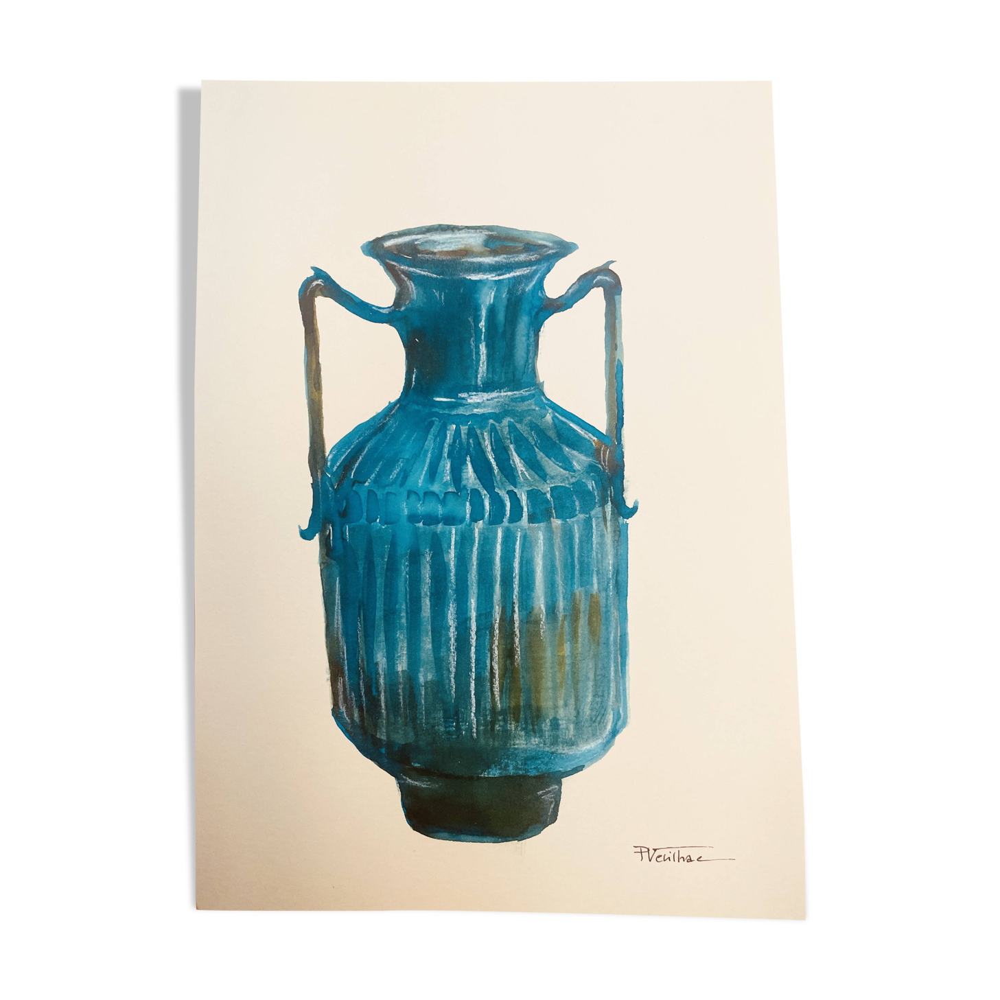 Signed watercolor and ink painting Vase Wabi Sabi collection China