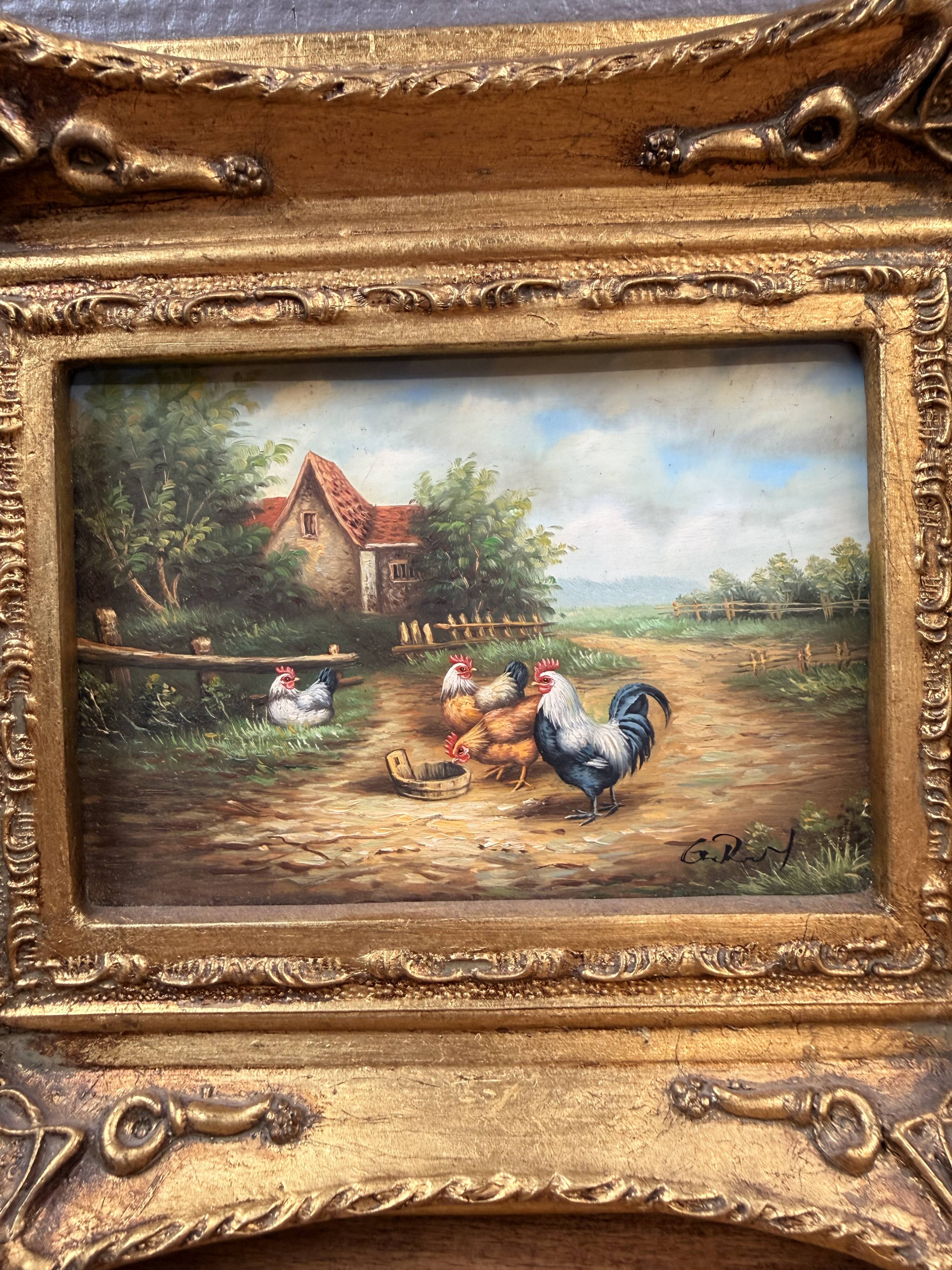 Oil on Panel Signed – Courtyard Scene with Roosters and Hens