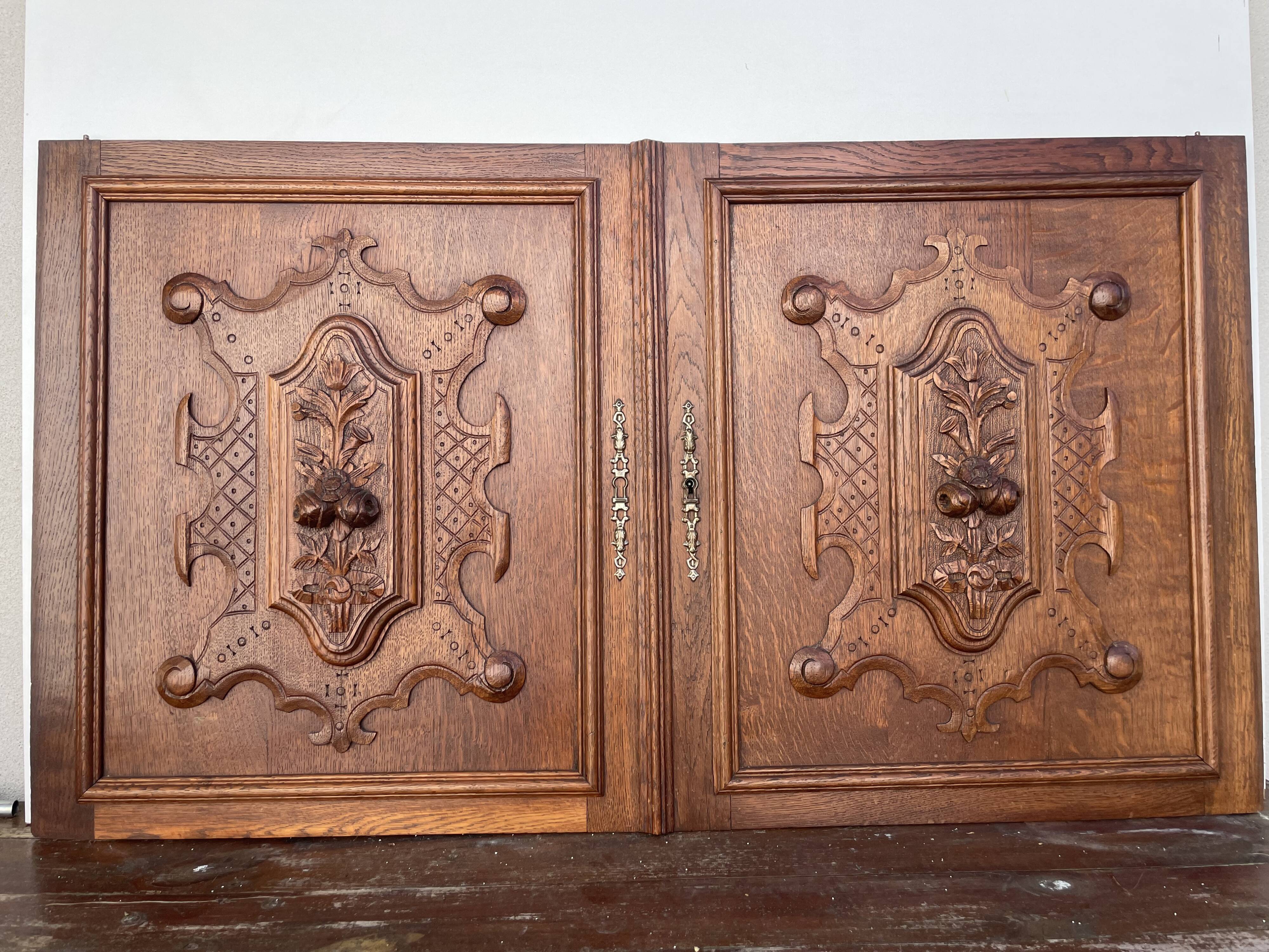 Pair of old carved wooden door panels Bas relief (oak)