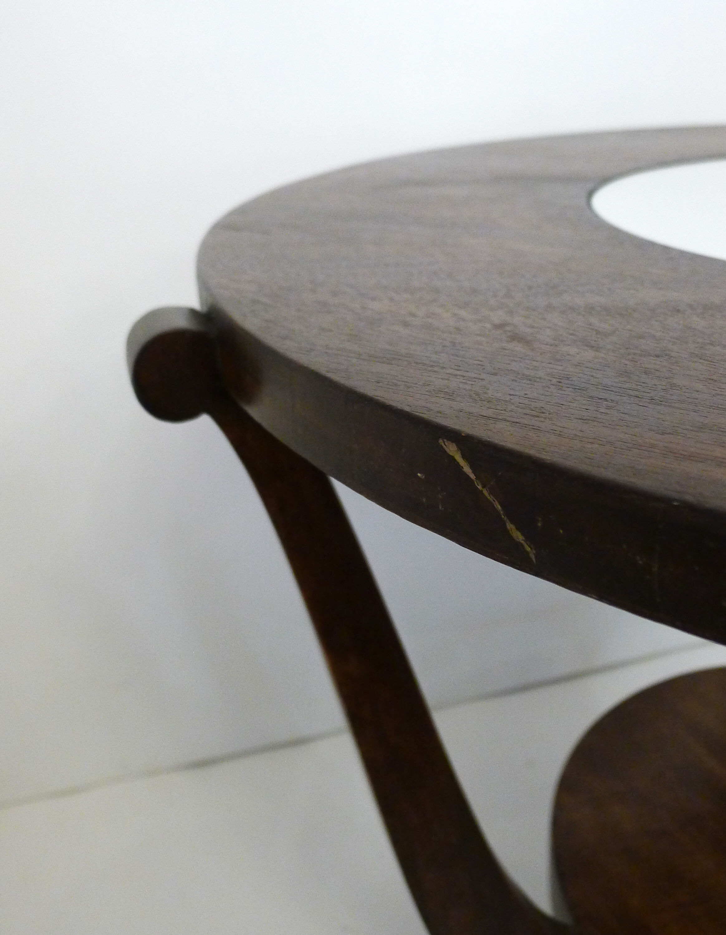 Table basse ronde Art Déco bois foncé & miroir