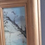 Oil painting boat on river, mist, tree, gilded wood frame 15.5x23.5 cm, signed