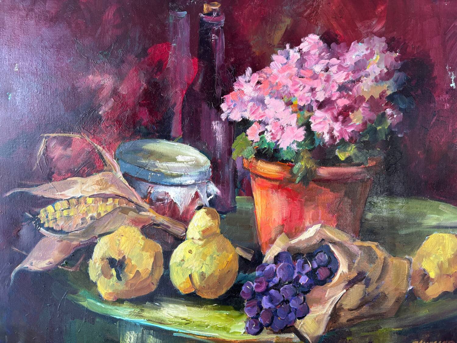Oil on canvas Azalea grapes and pears signed Paumier