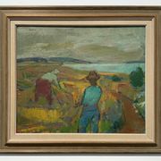 Svan Grandin (1906- 1982) Vintage Oil Painting Landscape “Harvesters”