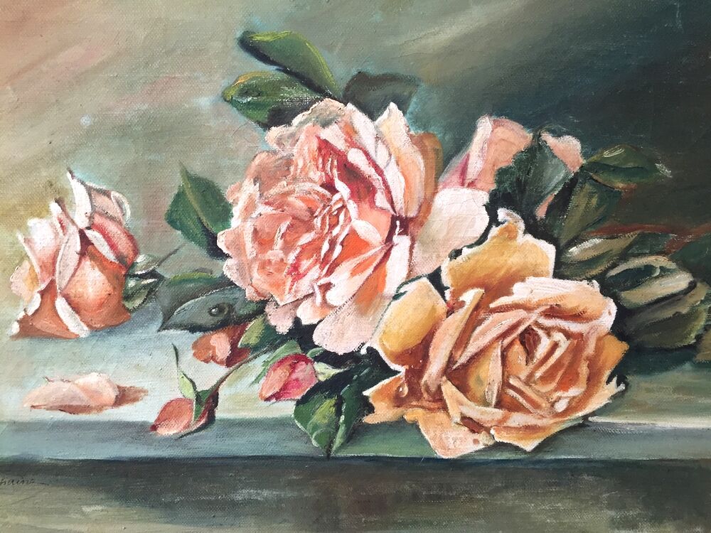 Painting on canvas representing a bouquet of roses sign dominique duchaine
