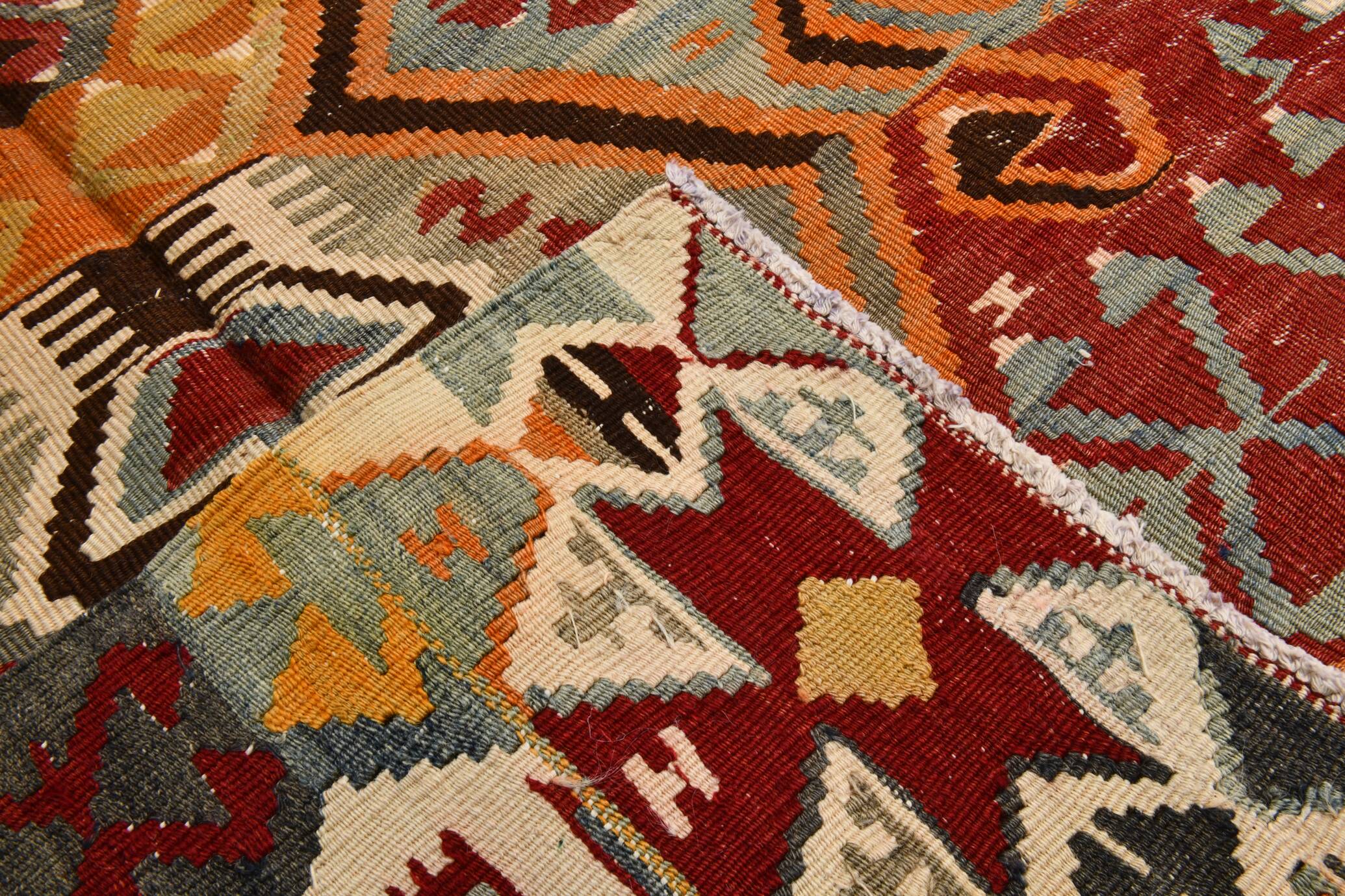 5x10 Red & Orange Geometric Vintage Kilim Rug,142x302Cm