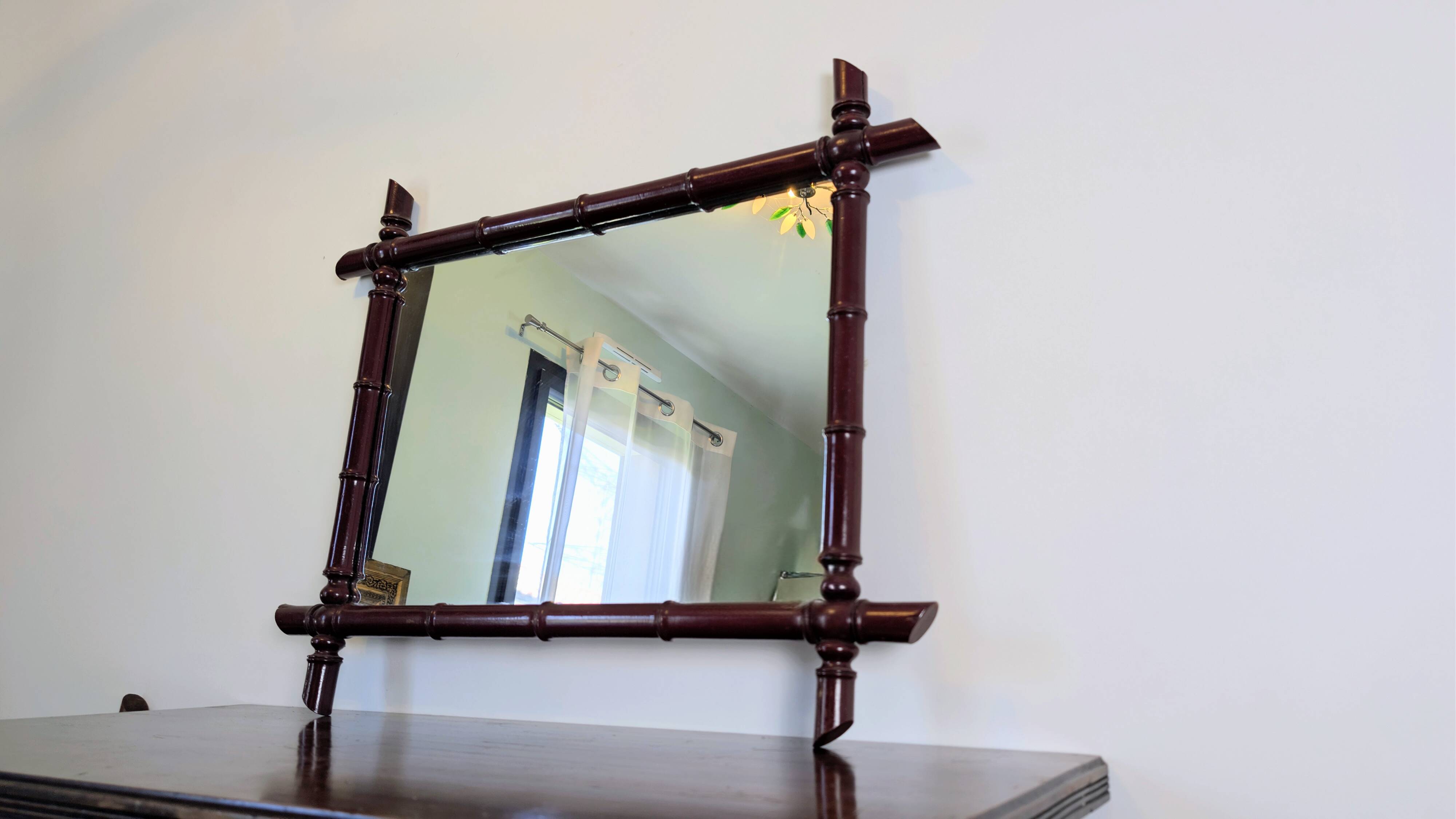 Vintage mirror with a bamboo effect in burgundy, chic exotic style - 79 x 64 cm