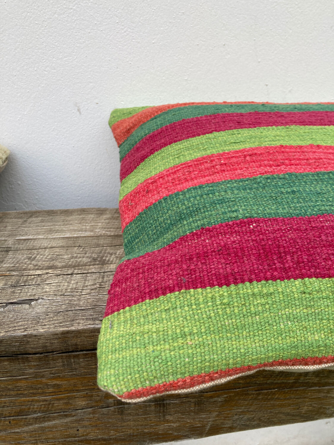 Turkish kilim cushion with stripes green red orange and blue 50x50cm
