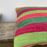 Turkish kilim cushion with stripes green red orange and blue 50x50cm