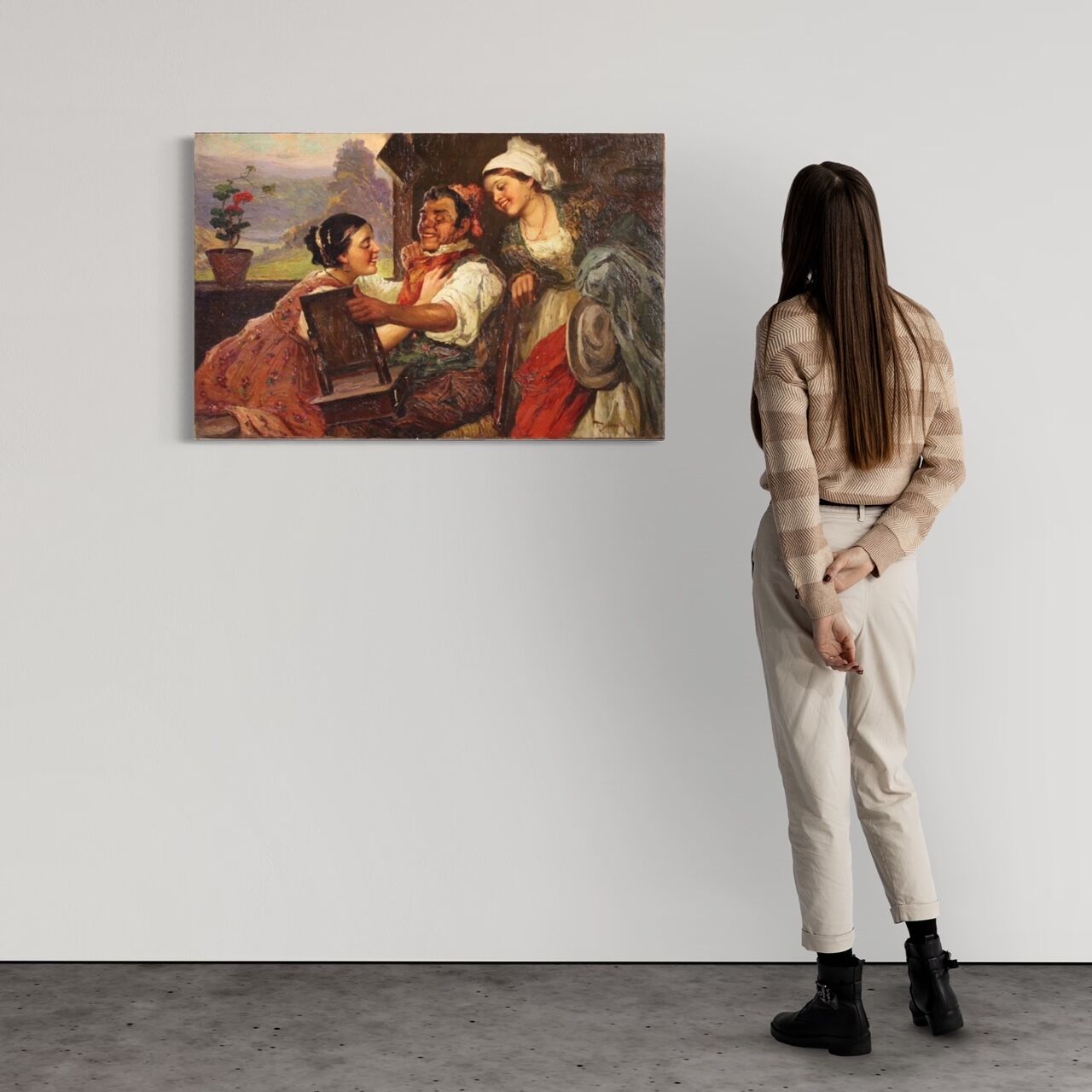 Antique interior scene painting from 19th century