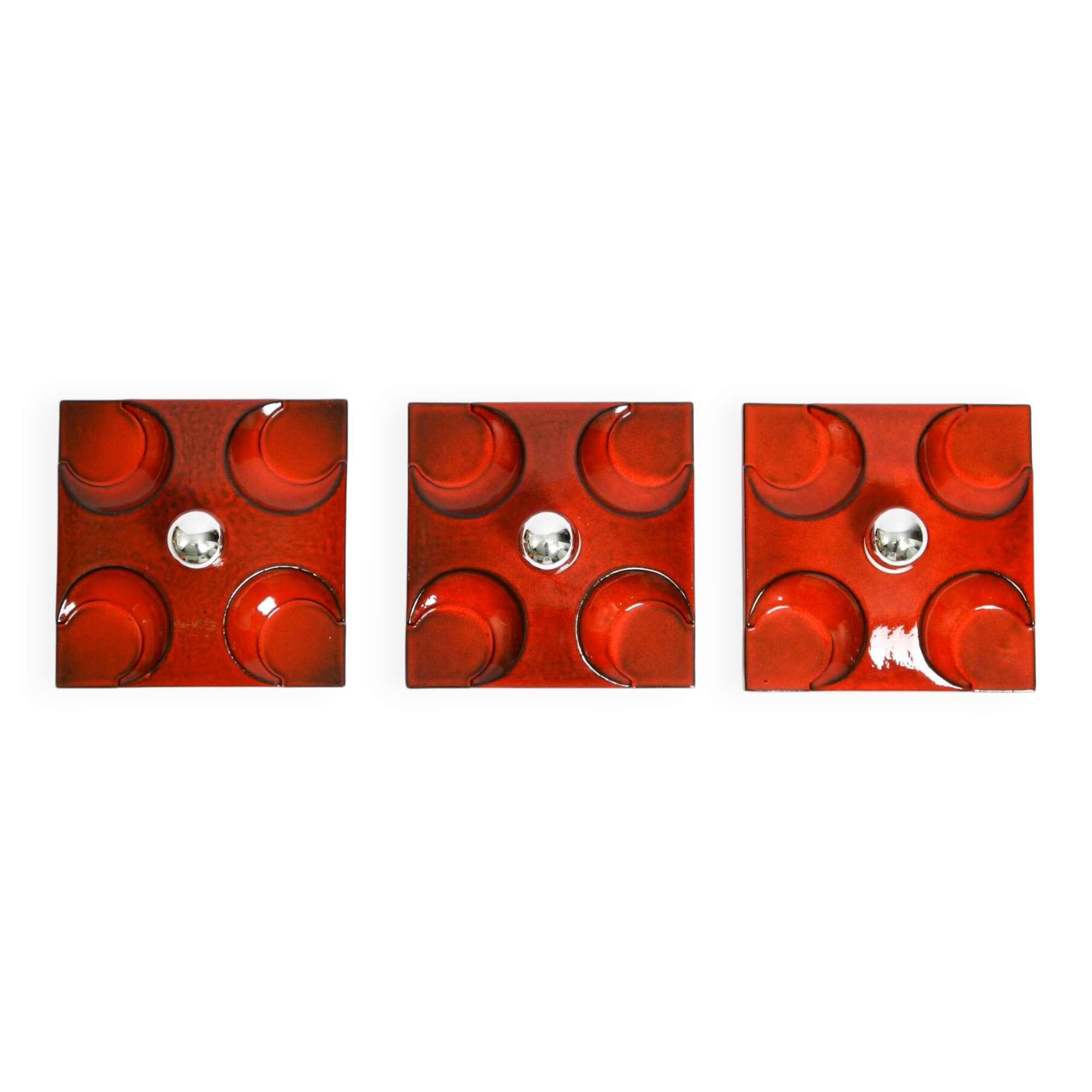 Three beautiful original 1970s Space Age red ceramic wall lamps