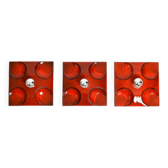 Three beautiful original 1970s Space Age red ceramic wall lamps