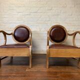Pair of Hungarian Walnut & Leather Chairs by Lajos Kozma 1884-1948