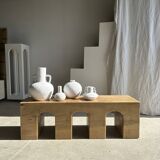 Solid monoxyl wood bench with carved 3-arch base - Natural wood color