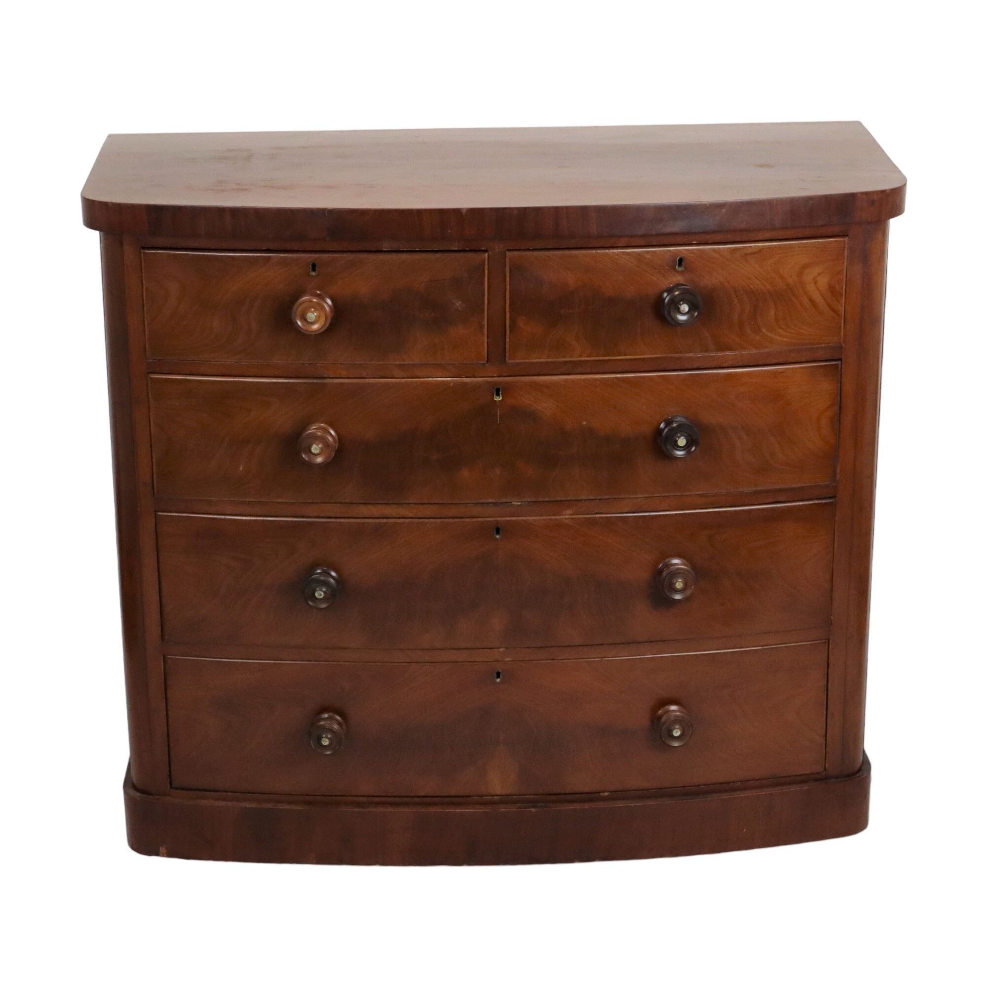 Antique english chest of drawers bow front mirrored mahogany veneer 120cm