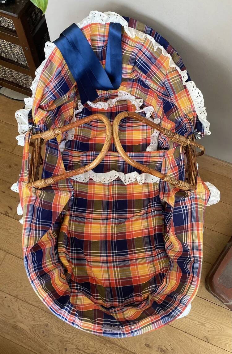 1970s wicker rattan portable bassinet cradle complete with bedding