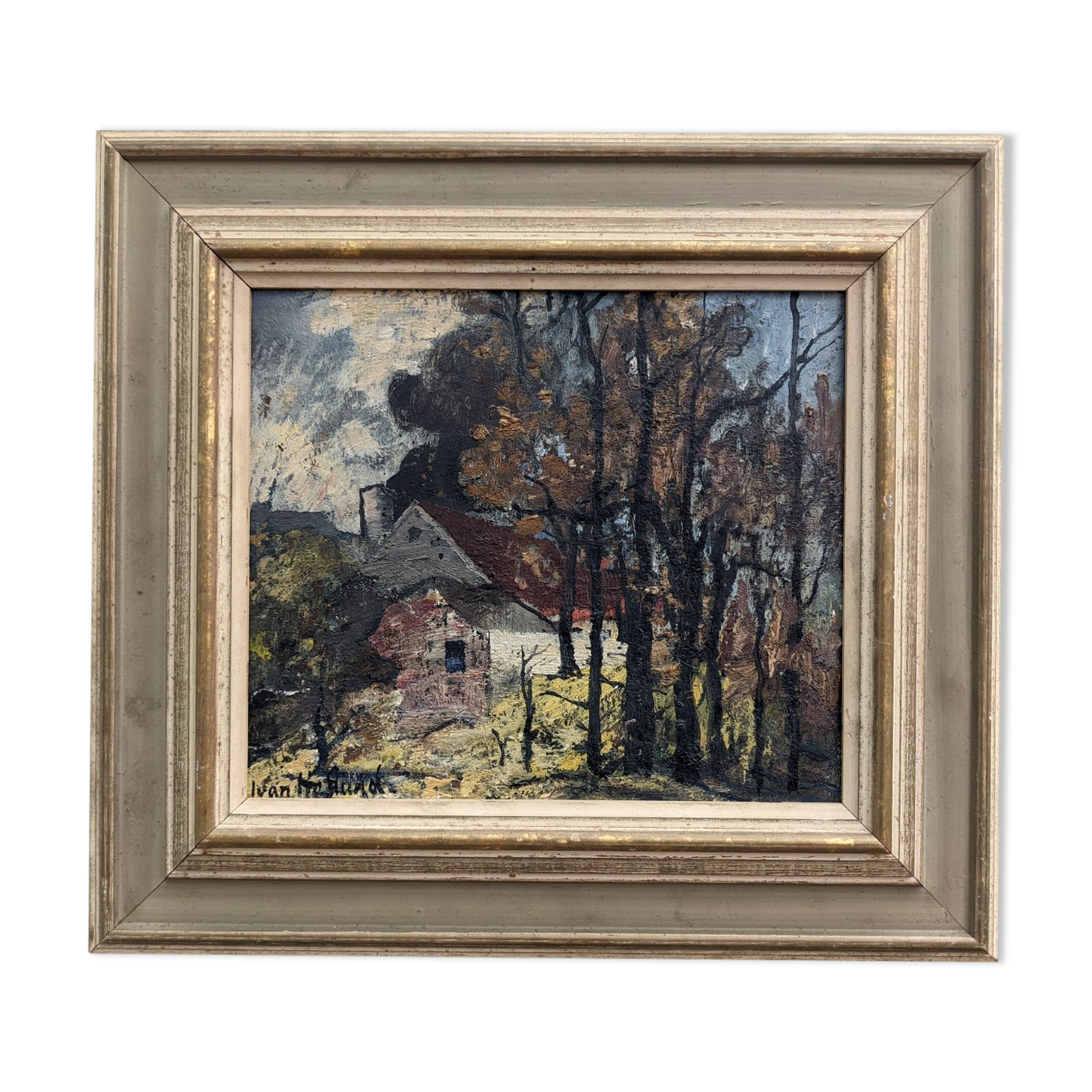 Mid-Century Modern "Cottage in the Forest" Swedish Vintage Expressionist Landscape Oil Painting, Fra