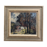 Mid-Century Modern "Cottage in the Forest" Swedish Vintage Expressionist Landscape Oil Painting, Fra