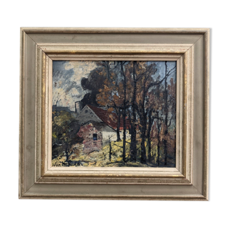 Peinture à l’huile, milieu du siècle moderne « chalet dans la forêt » suédois vintage expressionniste paysage