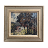 Peinture à l’huile, milieu du siècle moderne « chalet dans la forêt » suédois vintage expressionniste paysage