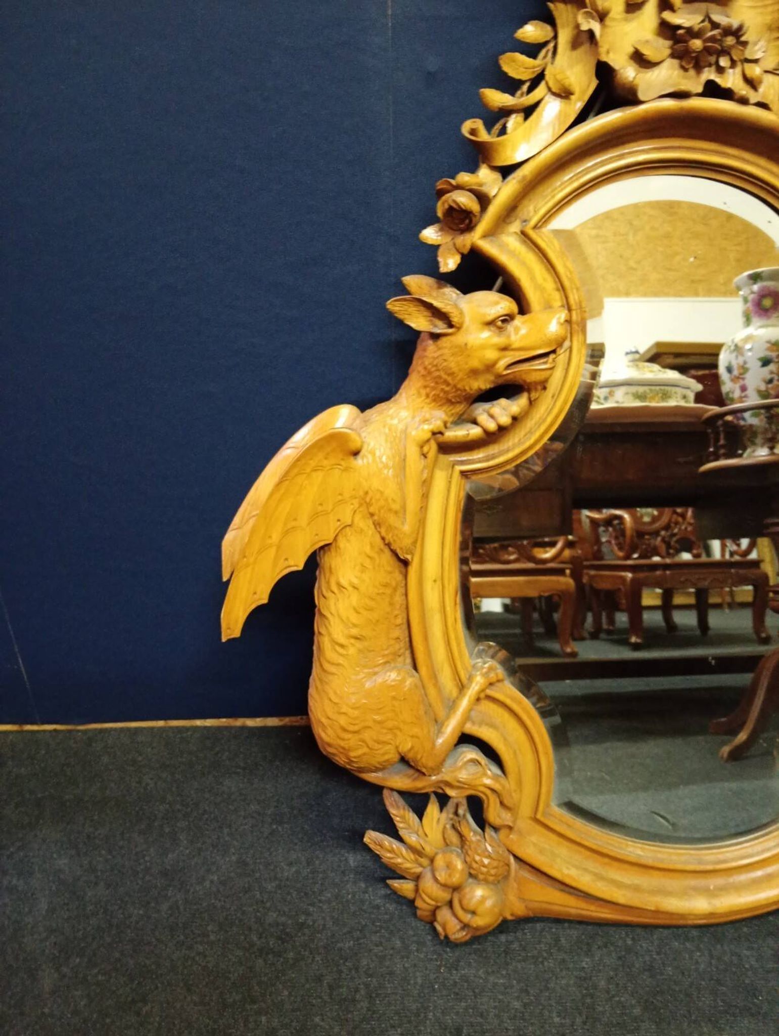 carved mirror in the spirit of Viardot – Decor with dragon and putto
