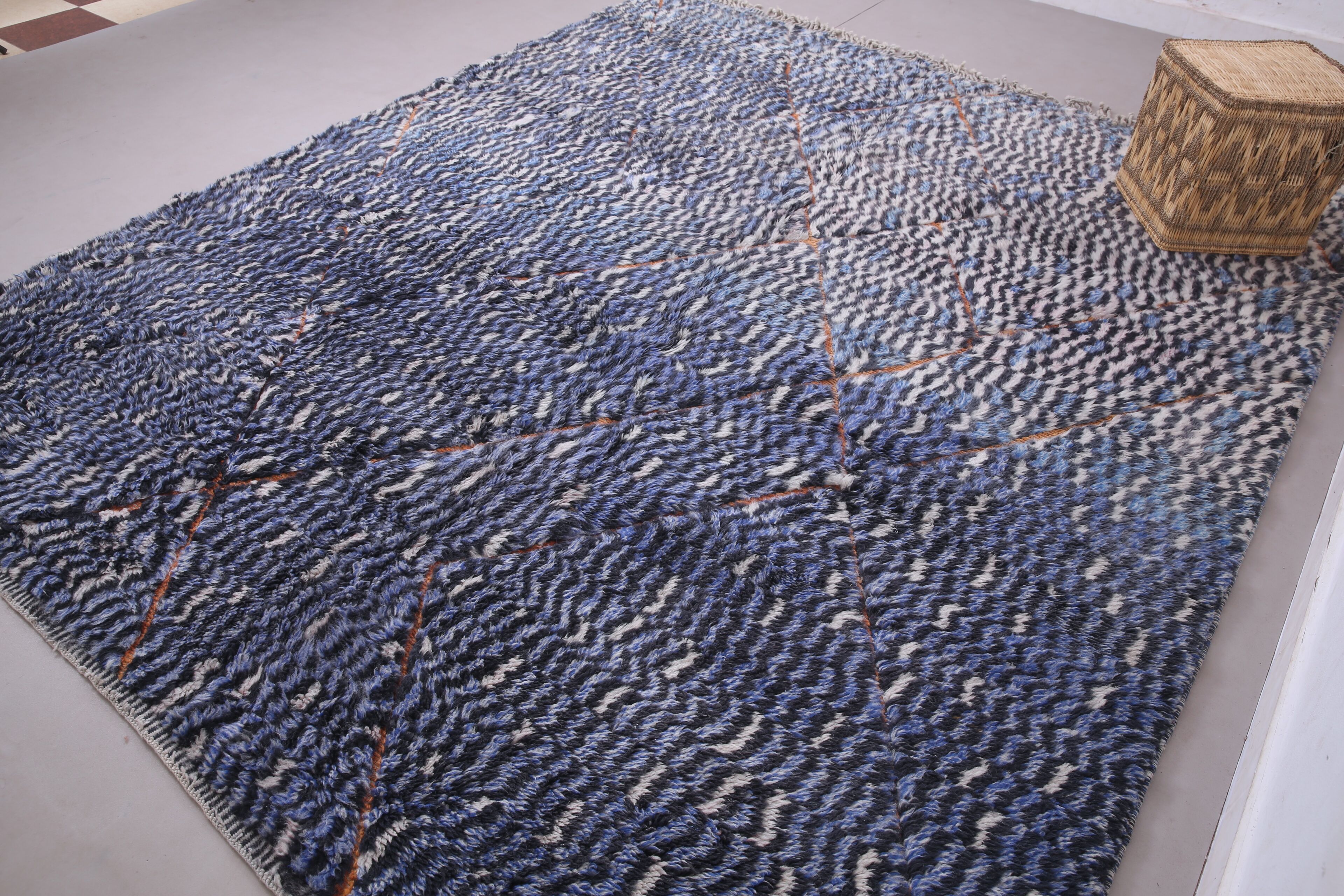 Blue Handmade Beni merirt Rug 258 x 305 cm - Abstract Wool Rug - Berber Rug