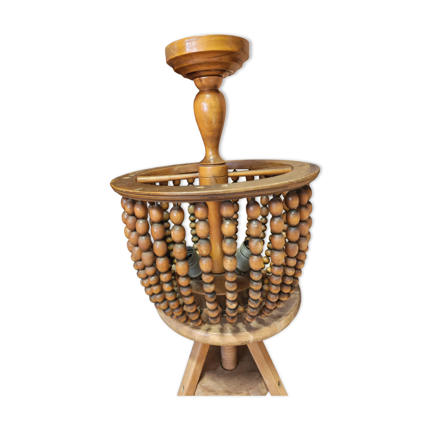 Vintage wooden turned cage chandelier with beads from the 1960s.