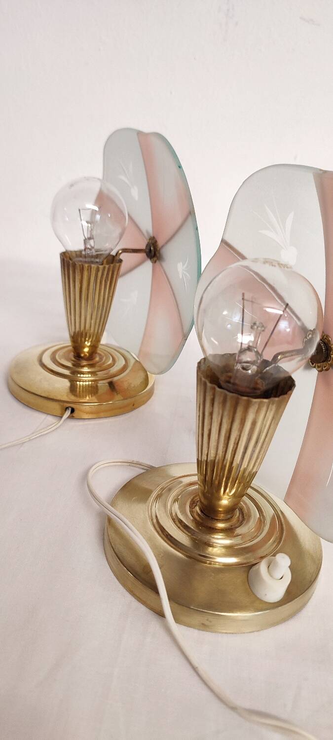 Par de lámparas de mesa de cristal. Spain, 1970s.