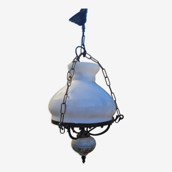 Vintage wrought iron and opaline pendant lamp