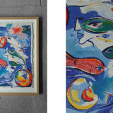 Dagmar Glemme, Composition with fish and faces, Color Lithograph, Framed