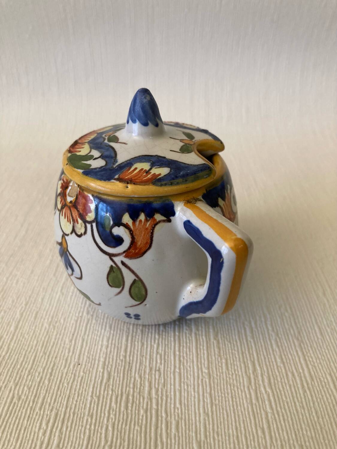 Mustard pot signed Henri Delcourt Hand painted Old Rouen early 20th century