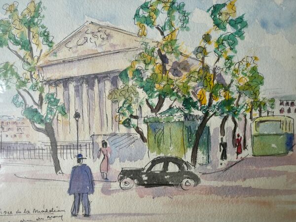 Tableau aquarelle de la place de la Madeleine à Paris, années 50