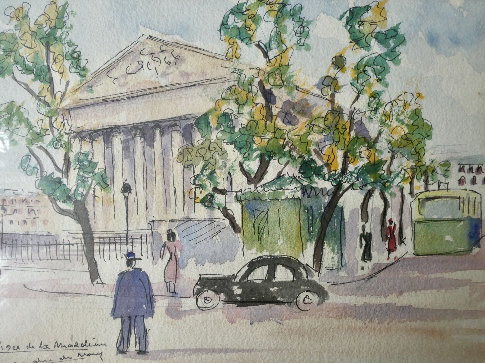 Watercolour painting of the Place de la Madeleine in Paris, 1950s.